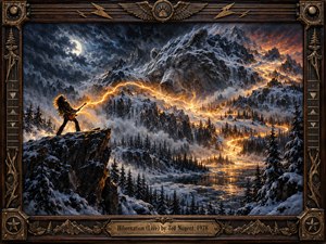 A lone guitarist unleashes golden lightning across a snowbound mountain wilderness, awakening a colossal bear spirit beneath stormy moonlight. Glowing energy winds through frozen forests and icy waters, contrasting fiery amber with deep blue shadows. Dramatic oil painting textures and an ornate bronze guitar-themed frame evoke primal power and electrifying intensity.