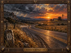 A lone motorcyclist follows a winding highway toward a warmly lit farmhouse beneath a fiery sunset. Storm clouds loom over rugged hills and golden grass, creating a restless yet hopeful mood. Rich oil brushstrokes, glowing reflections, and a weathered brass frame with guitar-inspired details evoke classic seventies rock.