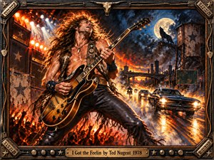 A wild-haired guitarist dominates a fiery stage, his amber electric guitar cutting across a moonlit industrial highway. Muscle cars and motorcycles race through glowing mist as cheering silhouettes rise beneath blazing spotlights. Rich oil-painted textures blend orange firelight with midnight blue, enclosed by an ornate, guitar-inspired metal frame.