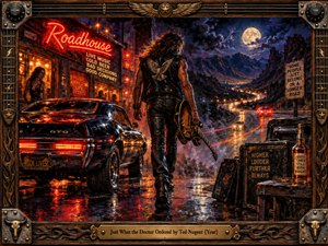 A long-haired guitarist strides past a black muscle car and glowing roadhouse toward a moonlit mountain highway. Crimson neon and golden headlights shimmer across wet pavement, contrasting with deep blue shadows. Energetic oil brushwork captures rebellious 1970s rock swagger, enclosed by an ornate carved frame with metallic guitar details.
