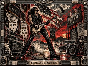 A defiant guitarist stands wide-legged on cracked pavement beneath a tattered American flag and fiery storm clouds. Amplifier stacks, roadside signs, a muscle car, and a motorcycle surround him. Harsh red light cuts through smoky shadows, while distressed black and cream print textures and a metallic guitar-themed frame intensify the rebellious atmosphere.
