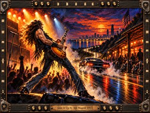 A wild-haired guitarist commands a blazing stage above cheering fans as a muscle car races toward a sunset city skyline. Fiery orange spotlights meet violet clouds and blue reflections along a winding road beside a crowded roadhouse. Rich oil-paint textures and a guitar-themed metal frame amplify the rebellious, exhilarating atmosphere.