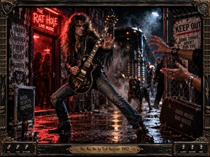 A defiant long-haired guitarist thrusts out his hand in a rain-slick alley outside a neon-lit rock club. Crimson light and blue smoke reveal reaching hands, a snarling dog, and chain-link fencing. Gritty 1980s cinematic photography captures raw confrontation, enclosed by an ornate black metal frame with an engraved brass title plate.