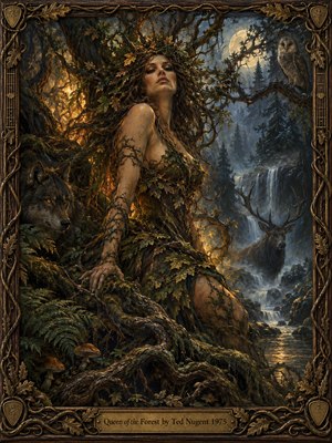 A regal forest queen crowned with tangled branches emerges from mossy roots beneath a moonlit canopy. A watchful wolf, antlered stag, and perched owl surround her near a misty waterfall. Warm amber light contrasts with cool blue shadows in this richly textured oil painting, enclosed by ornate carved wood and bronze.