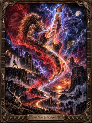 A wild-haired guitarist towers over a surreal landscape, his blazing instrument engulfed in crimson flames and violet lightning. Jagged cliffs, towering amplifiers, spectral faces, and swirling clouds surround a luminous winding road. Dramatic orange and blue lighting creates electrifying tension, while intricate digital painting and an ornate metallic frame evoke 1980s hard rock.