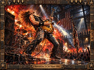 A long-haired guitarist unleashes a furious solo on a smoke-filled industrial stage, surrounded by towering amplifiers, drums, and cheering crowds. Fiery orange spotlights contrast with cool steel-blue shadows, while expressive painted textures capture explosive rock energy. An ornate bronze frame featuring guitar hardware completes the dramatic composition.