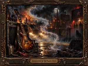 A weathered electric guitar leans against a road case as swirling smoke envelops a moonlit industrial yard. Truck headlights illuminate wet pavement beneath fiery refinery towers, while shadowy figures lurk behind fencing. Amber reflections, blue-gray haze, and charcoal shadows create gritty tension in this richly detailed oil painting, enclosed by an ornate bronze frame.