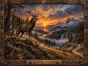 A majestic stag stands on a rocky overlook above misty pine forests, winding rivers, and distant snowy peaks. Eagles soar across a blazing amber sunset while a waterfall glimmers below. Rich oil-painted textures, golden highlights, and dramatic blue shadows evoke untamed freedom, enclosed within a carved wooden guitar-themed frame.