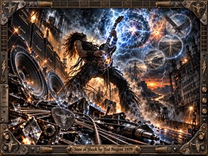 A wild-haired guitarist dominates a shattered industrial stage, surrounded by towering speakers, flying debris, and blazing sparks. Electric blue lightning coils through smoky skies above an orange wasteland, while ghostly circular visions drift in the distance. Dramatic digital painting and a riveted, guitar-string metal frame amplify the fierce, chaotic energy.