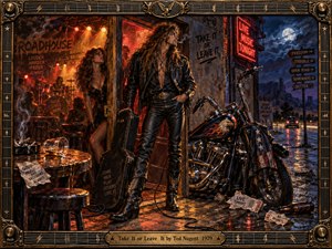 A leather-clad rocker stands defiantly between a smoky, amber-lit roadhouse and a moonlit highway, with a glamorous woman nearby and a chrome motorcycle dominating the foreground. Rich oil-painted textures, fiery reds, midnight blues, neon reflections, scattered tickets, and an ornate guitar-inspired bronze frame evoke rebellious 1970s freedom and restless independence.