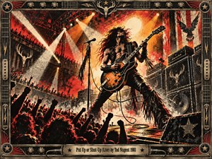 A wild-haired guitarist commands a roaring arena crowd beneath blazing spotlights and swirling smoke. Fiery crimson, orange, and black dominate the gritty vintage screenprint, capturing explosive concert energy. Raised fists, towering amplifiers, and dramatic shadows intensify the spectacle, while an ornate guitar-inspired metallic frame and engraved title plate complete the composition.