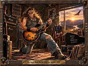 A wild-haired guitarist kneels passionately inside a rustic music studio, surrounded by amplifiers, records, and American memorabilia. Golden sunset light illuminates distant mountains through an open window. Rich amber, bronze, and charcoal tones create rebellious energy. Cinematic realism, weathered textures, and an ornate guitar-string frame complete the composition.