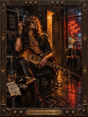 A long-haired rocker slouches backstage with a worn electric guitar, cigarette smoke curling through amber light. Crimson neon glows against a rain-streaked window, while an empty stool suggests restless longing. Rich oil-painted textures, deep shadows, scattered cables, and a distressed bronze guitar-themed frame evoke gritty late-1970s desire and isolation.