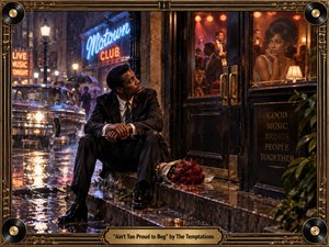 A sharply dressed man sits outside a glowing 1960s Motown club in the rain, gazing toward an elegant woman inside as red roses rest beside him. Warm amber interiors contrast with cool blue street reflections, creating romantic longing and vulnerability. Cinematic realism, vintage cars, neon light, and an ornate musical frame deepen the nostalgic mood.