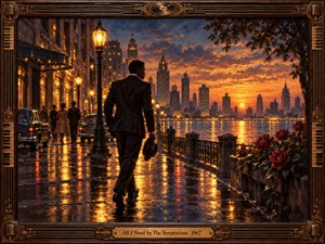 A solitary man in a dark suit walks along a rain-slicked riverside promenade at sunset, surrounded by glowing streetlamps, vintage cars, roses, and a distant city skyline. Warm gold and orange reflections contrast with deep blue shadows, creating a romantic, yearning mood in richly detailed painterly realism.