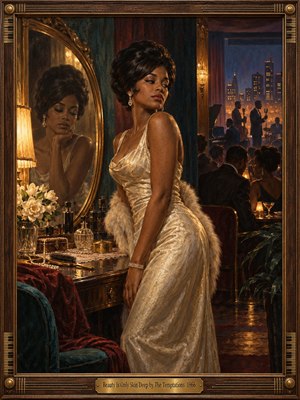 A glamorous woman in an ivory evening gown stands beside a gilded mirror in a richly appointed 1960s nightclub dressing room. Warm amber lamplight contrasts with cool city blues beyond, where musicians perform. The painterly scene feels elegant yet introspective, using reflection, luxury, shadow, and poised expression to suggest hidden depth.