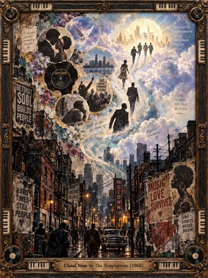 A richly layered urban collage shows a rain-darkened Motown-era street beneath a luminous sky, where an S-shaped path rises through clouds toward a glowing city. Warm amber lights contrast with cool blues and whites, while figures, records, flowers, posters, and weathered textures create hopeful tension, nostalgia, struggle, and transcendence.