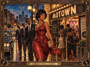 A glamorous woman in a flowing red dress strides through a rain-slicked 1960s Detroit nightlife scene as sharply dressed men follow behind. Golden theater lights, neon signs, polished cars, and lively crowds create an energetic, romantic mood. Rich brushwork, warm reflections, deep blues, and ornate Motown-inspired framing heighten the celebratory atmosphere.