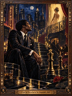 A sharply dressed man sits beneath a glowing city skyline, gazing toward an elegant woman above a sweeping staircase. Deep blues, warm golds, red accents, and theatrical lighting create yearning and distance. Rich oil-painted textures, chess pieces, a rose, records, and ornate framing reinforce romantic tension and Motown-era sophistication.