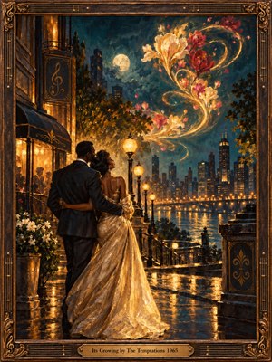 A romantic couple embraces beside a glowing riverside promenade beneath a deep blue night sky. Warm streetlamps reflect across wet pavement and water while a luminous swirl of flowering forms rises overhead, suggesting affection steadily expanding. Rich gold, crimson, and teal tones create a dreamy, painterly 1960s atmosphere.