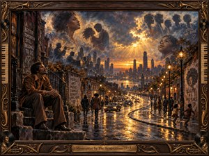 A richly detailed cityscape glows beneath a stormy golden sunset, where wet streets, brick buildings, musicians, families, and reflective figures create a soulful urban tableau. Warm amber light contrasts with deep blues and browns, while layered portraits in the clouds suggest memory, struggle, hope, community, and enduring cultural pride.