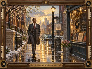 A sharply dressed young man strolls through a snowy Detroit street glowing with golden sunrise, wet pavement reflecting lamps and vintage cars. Blossoming branches, record shop windows, flowers, and Motown details create a hopeful romantic mood. Painterly brushwork, warm amber light, and a musical wooden frame evoke 1960s soul.