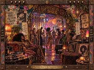 A richly layered psychedelic soul lounge glows with amber lamps, colored lights, vintage records, plants, dancers, and bohemian furnishings. Warm browns, oranges, purples, and golds create a dreamy 1970 atmosphere, while collage-like walls, mirrored reflections, patterned fabrics, and ornate framing give the scene immersive, theatrical energy.