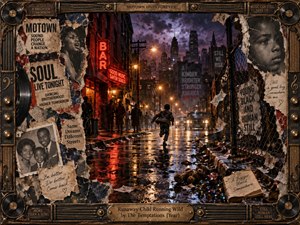 A lone child runs through a rain-soaked city street beneath glowing lamps and a storm-dark skyline. Torn Motown posters, weathered photographs, scattered toys, and reflective pavement create a tense, melancholy atmosphere. Rich reds, bronze, black, and violet frame the cinematic scene with layered collage detail and dramatic nocturnal light.