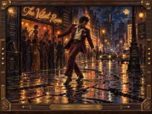 A sharply dressed man steadies himself on a fractured, rain-slicked city street outside a glowing soul club. Warm amber lights contrast with deep blues and burgundy tones, creating a tense yet energetic nightlife mood. Painterly textures, vintage cars, crowds, reflections, and dramatic architecture evoke 1970s Detroit soul.
