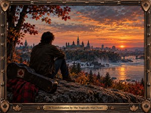 A solitary figure rests beside a weathered guitar case on a rocky overlook, watching an autumn city glow beneath a fiery sunset. Golden river reflections, distant architecture, cascading water, and crimson foliage create a reflective mood. An ornate wood-and-metal musical frame adds richly detailed, nostalgic character.