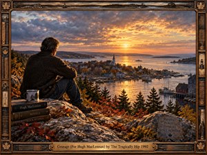 A solitary man overlooks a glowing coastal harbor at sunset, surrounded by autumn foliage, weathered rocks, books, and quiet maritime details. Golden light breaks through dramatic clouds, creating a reflective, nostalgic mood. Rich painterly realism, warm amber tones, distant boats, and an ornate bronze frame evoke memory, place, and courage.
