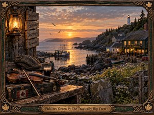 A warmly lit coastal harbor glows beneath a dramatic sunset, with fishing boats, rocky shores, wildflowers, a lighthouse, and a welcoming seaside tavern. A weathered fiddle, lantern, cap, and stout anchor the foreground. Rich amber light, deep greens, rustic textures, and an ornate Celtic frame create nostalgic, cinematic realism.
