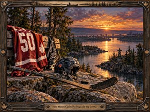 A weathered red hockey jersey, skates, helmet, stick, and puck rest on rugged lakeside rocks above a glowing Canadian town. Warm sunset light reflects across calm water beneath dramatic purple-orange clouds. Detailed painterly realism, pine forests, maple motifs, and an ornate wood-and-metal frame create a nostalgic, commemorative atmosphere.