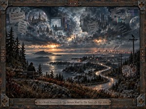 A lone figure overlooks a stormy Canadian shoreline where an S-curving road leads toward an industrial city beneath turbulent clouds. Floating memory spheres, fragmented faces, television static, and faded messages create an uneasy, reflective mood. Cool charcoal tones contrast with fiery sunset light, rendered in cinematic surreal digital detail within a weathered wood-and-metal frame.