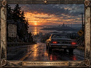 A weathered black sedan travels a rain-slick mountain highway toward a distant lakeside city beneath a fiery sunset and brooding clouds. Warm orange reflections contrast with dark forests, rock faces, and glowing red taillights. Cinematic digital painting, distressed Canadian motifs, and an elaborate guitar-inspired frame create ominous nostalgic tension.