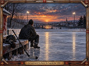 A solitary hockey player rests beside an empty outdoor rink overlooking a snowy town at sunset. Warm orange light breaks through dramatic blue-gray clouds, reflecting across scratched ice. Weathered boards, hockey gear, bare trees, and distant architecture create a nostalgic, contemplative mood within an ornate vintage sports-themed frame.