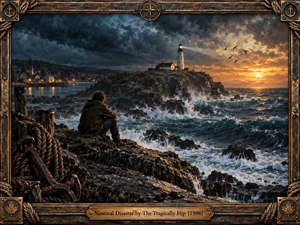 A solitary figure watches a stormy sea from dark rocks as waves crash beneath a distant lighthouse. Deep blue clouds contrast with a fiery sunset, creating a tense, reflective mood. Painterly realism, harbor lights, seabirds, rugged cliffs, and a weathered nautical frame evoke memory, danger, isolation, and maritime tragedy.