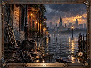 A storm-darkened New Orleans street lies submerged beneath restless floodwater, glowing with amber reflections from old lamps and a fiery dusk sky. Weathered balconies, a distant cathedral, trumpet, battered hat, beads, and magnolia create a brooding Southern atmosphere. An ornate guitar-string frame adds rugged musical character.