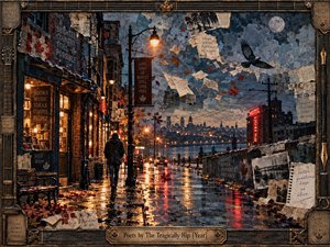 A lone figure walks a rain-slicked waterfront street beneath glowing lamps, drifting pages, autumn leaves, and a moonlit sky. Warm amber reflections contrast with deep blue-gray shadows, while torn photographs, handwritten fragments, and Canadian motifs create a richly textured mixed-media collage framed in aged wood and bronze.