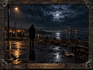 A solitary figure stands on a rain-soaked overlook above dark water, framed by distant town and industrial lights beneath a clouded moon. Cold blue-black tones contrast with amber reflections, creating a tense, introspective mood. Cinematic photographic realism, mist, windblown grasses, puddles, an empty bench, and weathered guitar-themed framing deepen the atmosphere.