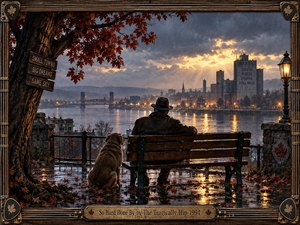 A solitary man and his dog overlook a rain-soaked riverside town at sunset, framed by autumn leaves and weathered industry. Golden light breaks through heavy blue-gray clouds, reflecting across wet pavement and water. Rustic wood, metal details, maple emblems, and distant architecture create a cinematic, reflective mood of endurance and belonging.