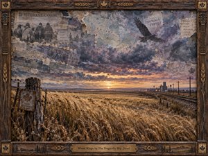 A windswept prairie stretches beneath a storm-dark sunset, with golden wheat, weathered fencing, railroad tracks, and a distant grain elevator. Layered maps, archival photographs, torn paper, faded text, and a soaring raven create a haunting mixed-media collage. A carved wooden frame with bronze details adds rustic Canadian character.