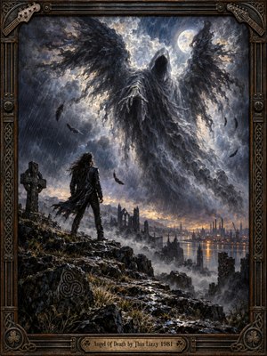 A lone leather-clad figure confronts a towering, hooded angel with ragged black wings above a storm-battered cliff. Moonlight pierces swirling charcoal clouds, illuminating drifting feathers, ruined abbeys, and distant amber city lights. Moody blue-gray oil textures heighten the ominous grandeur, enclosed by an ornate Celtic guitar-themed bronze frame.