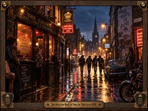 Four leather-clad figures stride through a rain-soaked 1970s street, surrounded by glowing pubs, vintage vehicles, and watchful onlookers. Amber streetlights and crimson neon shimmer across wet pavement beneath a dusky blue sky. Cinematic photographic realism captures rebellious camaraderie and nostalgic excitement, enclosed within an ornate wood-and-brass musical frame.