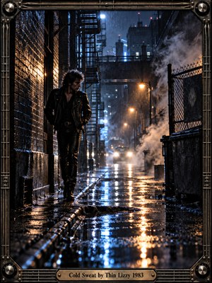 A lone leather-clad man walks through a rain-soaked industrial alley, surrounded by towering brick walls, drifting steam, and distant headlights. Cold blue reflections mingle with amber streetlights across glistening pavement. Cinematic 1980s noir photography creates a tense, restless atmosphere, enclosed within an ornate gunmetal guitar-inspired frame and engraved brass title plate.