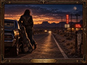 A lone leather-clad drifter rests beside a vintage car and guitar case on a desert highway at dusk. Amber sunset spills beneath an indigo, moonlit sky, while distant headlights and a neon motel glow against rugged mesas. Cinematic, grainy photography and an ornate wood-and-brass frame evoke restless freedom and solitude.