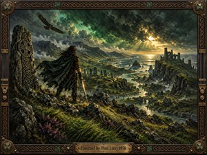 A lone cloaked warrior overlooks a rugged Celtic coastline, gripping a sword beneath swirling emerald storm clouds. Golden sunlight illuminates ancient ruins, winding waterways, and distant castle towers. A soaring eagle enhances the heroic atmosphere. Rich oil-painted textures and dramatic contrasts are enclosed within an ornate bronze Celtic frame.