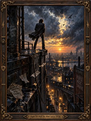 A solitary figure stands defiantly atop a rain-soaked industrial rooftop, overlooking a sprawling city beneath turbulent storm clouds. Golden sunset light pierces charcoal skies, illuminating distant bridges, smokestacks, and glowing streets. Windblown papers and soaring birds evoke resilience and uncertainty. Rich oil textures complement an ornate bronze and wood frame.