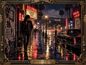 A weary rocker carrying a guitar case walks along rain-soaked Hollywood pavement beneath blazing neon marquees. Crimson, amber, and blue reflections shimmer around a parked vintage car, faded posters, and distant palm trees. Moody cinematic photography captures broken glamour and stubborn resilience, enclosed by an ornate brass musical frame.