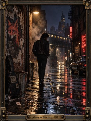 A lone leather-jacketed drifter walks through a rain-soaked city alley beneath amber streetlights and red neon. Steam curls around brick walls, a fox poster, and a battered guitar case as an elevated train glows beyond. Moody, cinematic 1970s photography contrasts deep blues with warm reflections, enclosed by an ornate brass frame.